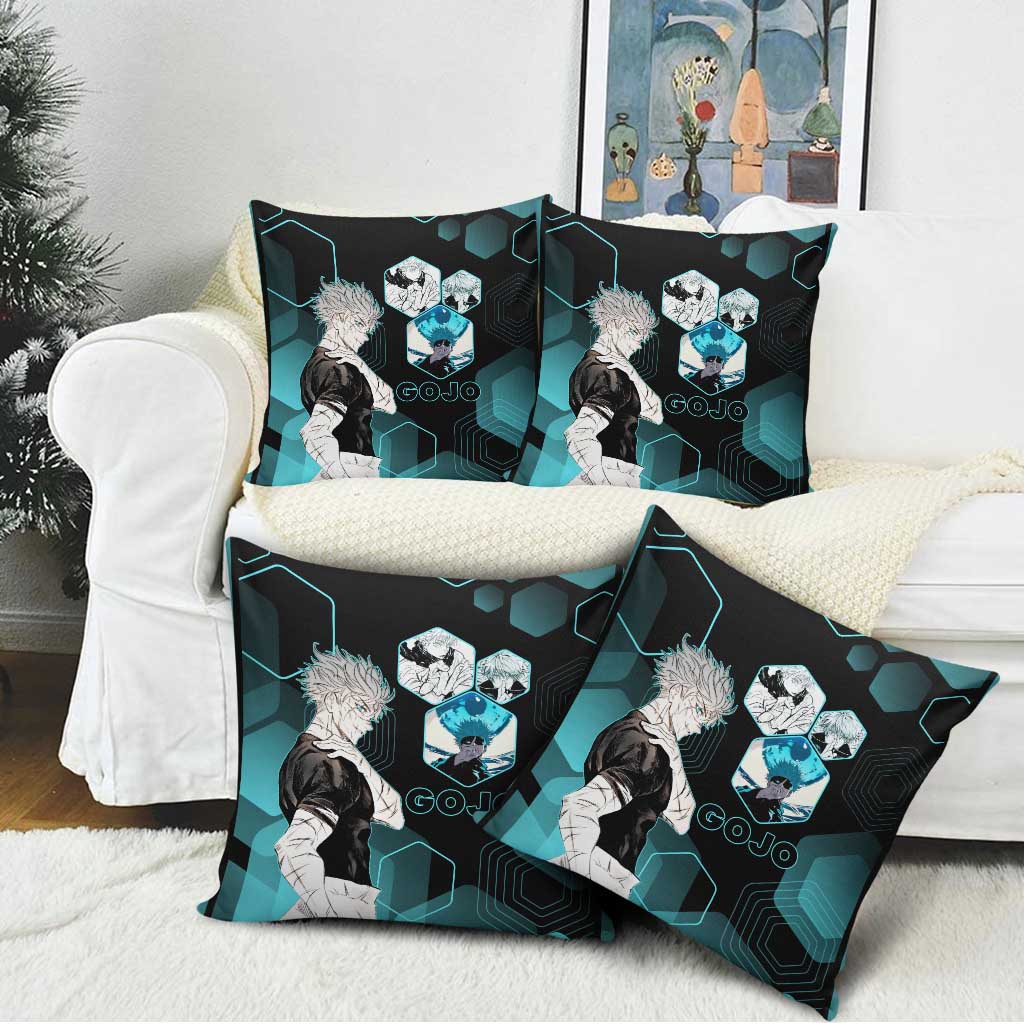 Gojo Satoru Jujutsu Kaisen Blue Hexagon Pattern Pillow Cover with Intense Expressions and Modern Anime Art - The Mazicc