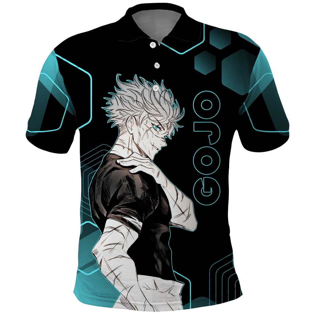 Gojo Satoru Jujutsu Kaisen Blue Hexagon Pattern Polo Shirt with Intense Expressions and Modern Anime Art - The Mazicc