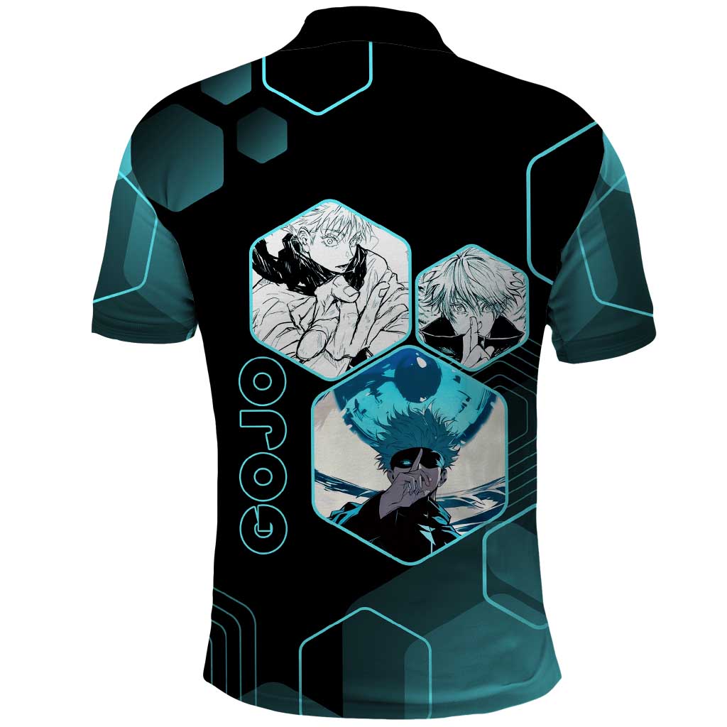 Gojo Satoru Jujutsu Kaisen Blue Hexagon Pattern Polo Shirt with Intense Expressions and Modern Anime Art - The Mazicc