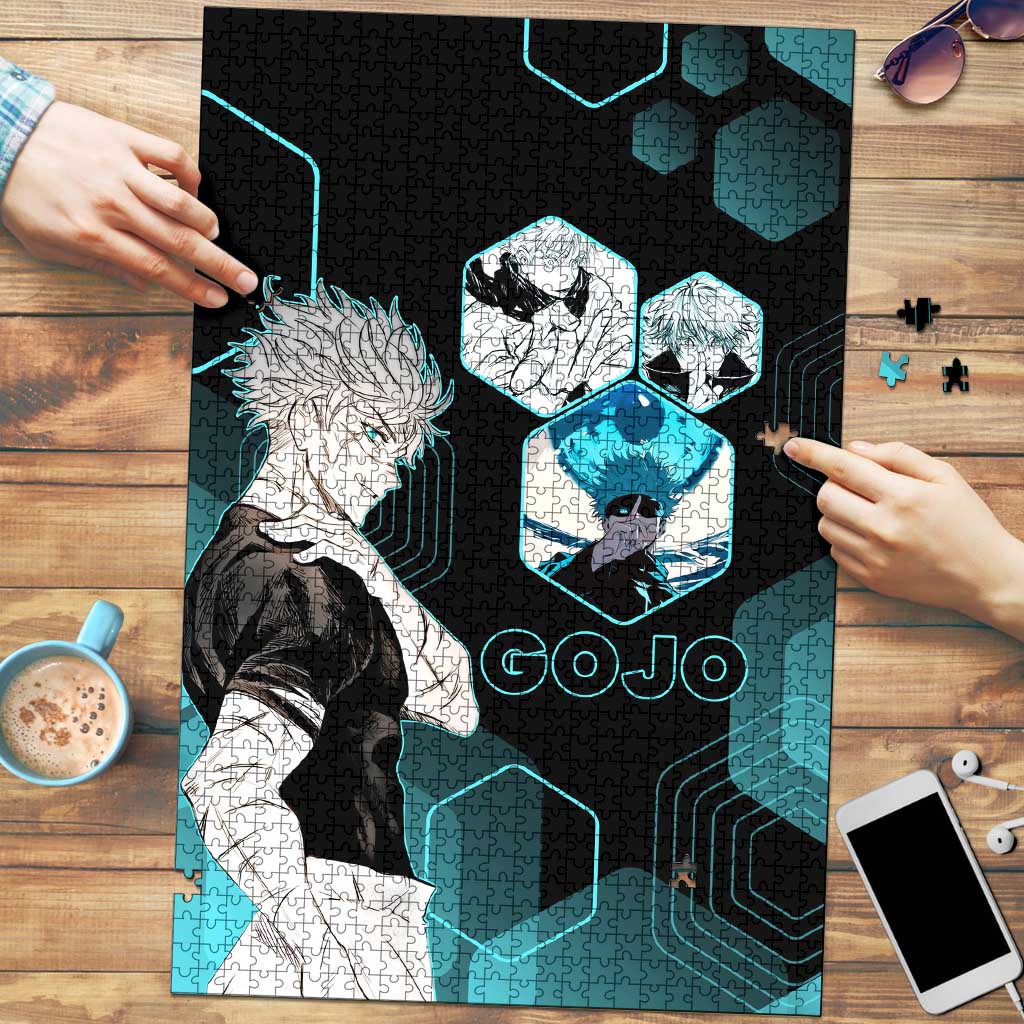 Gojo Satoru Jujutsu Kaisen Blue Hexagon Pattern Puzzle with Intense Expressions and Modern Anime Art - The Mazicc