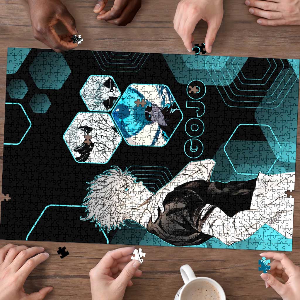 Gojo Satoru Jujutsu Kaisen Blue Hexagon Pattern Puzzle with Intense Expressions and Modern Anime Art - The Mazicc