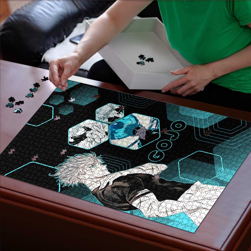 Gojo Satoru Jujutsu Kaisen Blue Hexagon Pattern Puzzle with Intense Expressions and Modern Anime Art - The Mazicc