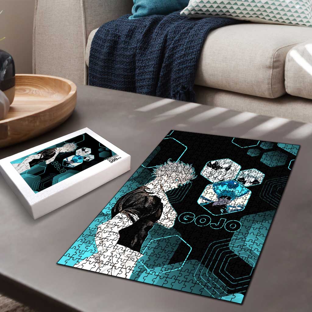 Gojo Satoru Jujutsu Kaisen Blue Hexagon Pattern Puzzle with Intense Expressions and Modern Anime Art - The Mazicc