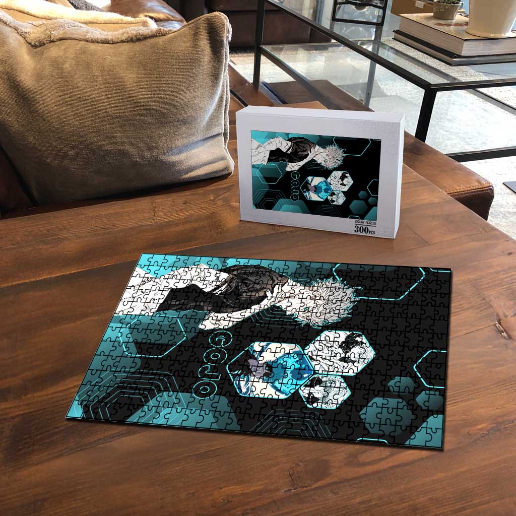 Gojo Satoru Jujutsu Kaisen Blue Hexagon Pattern Puzzle with Intense Expressions and Modern Anime Art - The Mazicc
