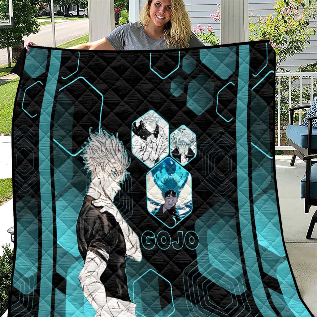 Gojo Satoru Jujutsu Kaisen Blue Hexagon Pattern Quilt with Intense Expressions and Modern Anime Art - The Mazicc