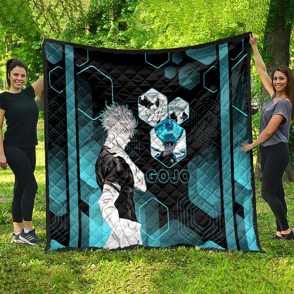 Gojo Satoru Jujutsu Kaisen Blue Hexagon Pattern Quilt with Intense Expressions and Modern Anime Art - The Mazicc