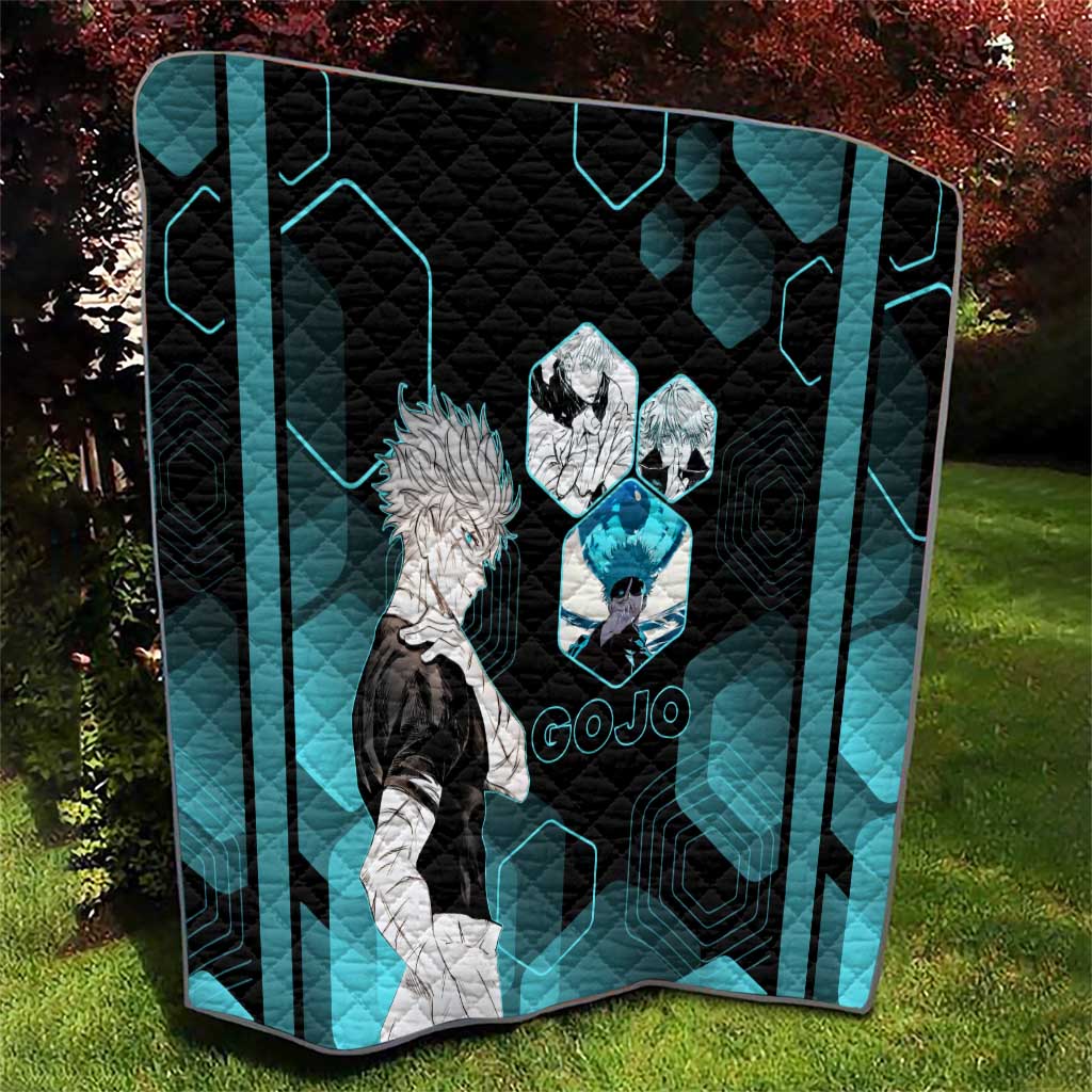 Gojo Satoru Jujutsu Kaisen Blue Hexagon Pattern Quilt with Intense Expressions and Modern Anime Art - The Mazicc