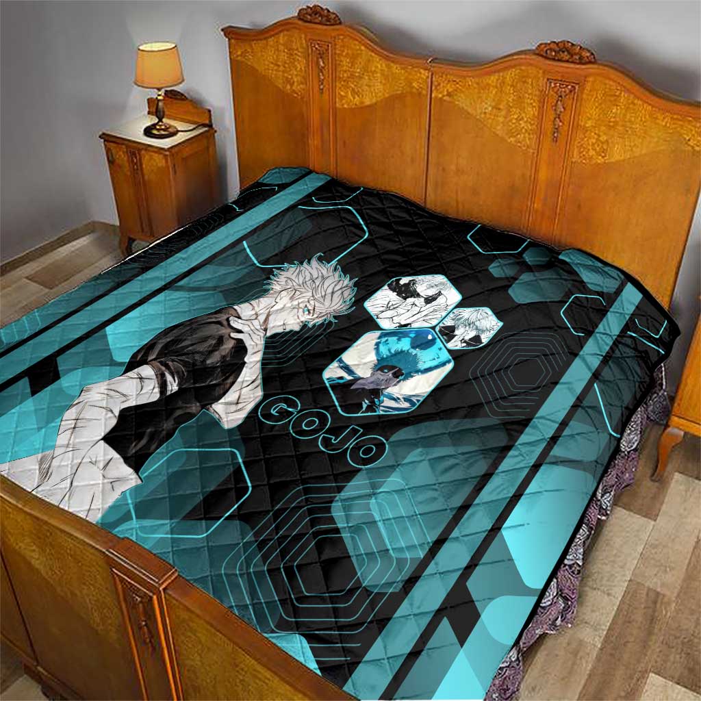 Gojo Satoru Jujutsu Kaisen Blue Hexagon Pattern Quilt with Intense Expressions and Modern Anime Art - The Mazicc