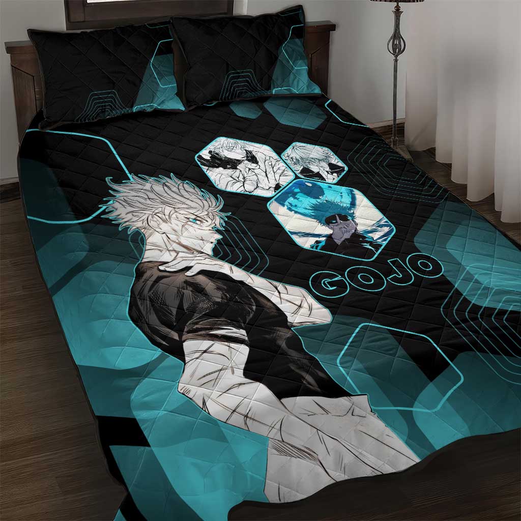 Gojo Satoru Jujutsu Kaisen Blue Hexagon Pattern Quilt Bed Set with Intense Expressions and Modern Anime Art - The Mazicc