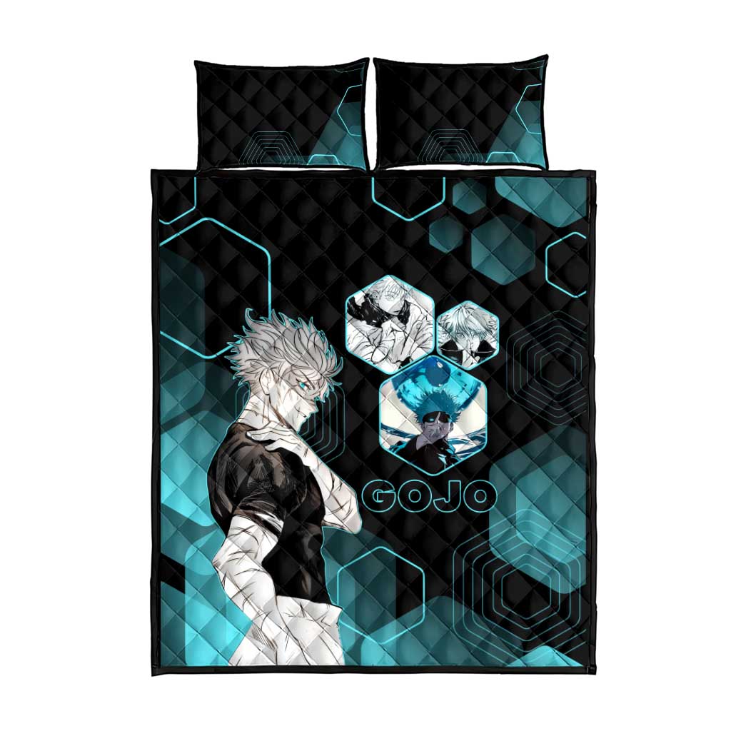 Gojo Satoru Jujutsu Kaisen Blue Hexagon Pattern Quilt Bed Set with Intense Expressions and Modern Anime Art - The Mazicc