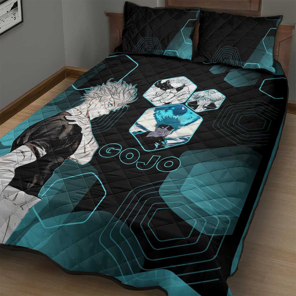 Gojo Satoru Jujutsu Kaisen Blue Hexagon Pattern Quilt Bed Set with Intense Expressions and Modern Anime Art - The Mazicc