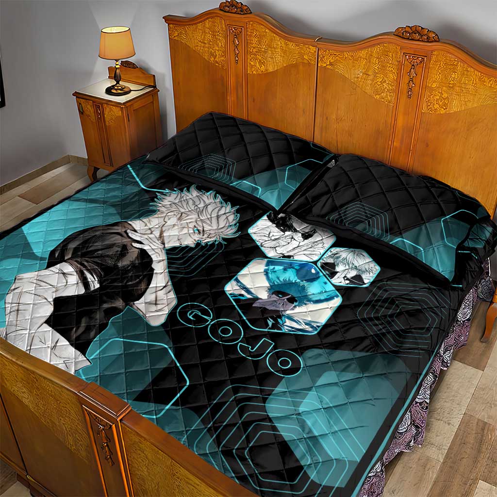 Gojo Satoru Jujutsu Kaisen Blue Hexagon Pattern Quilt Bed Set with Intense Expressions and Modern Anime Art - The Mazicc