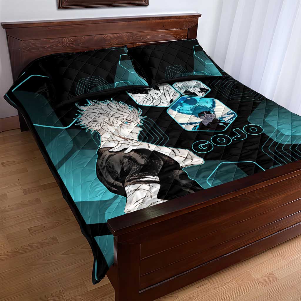 Gojo Satoru Jujutsu Kaisen Blue Hexagon Pattern Quilt Bed Set with Intense Expressions and Modern Anime Art - The Mazicc