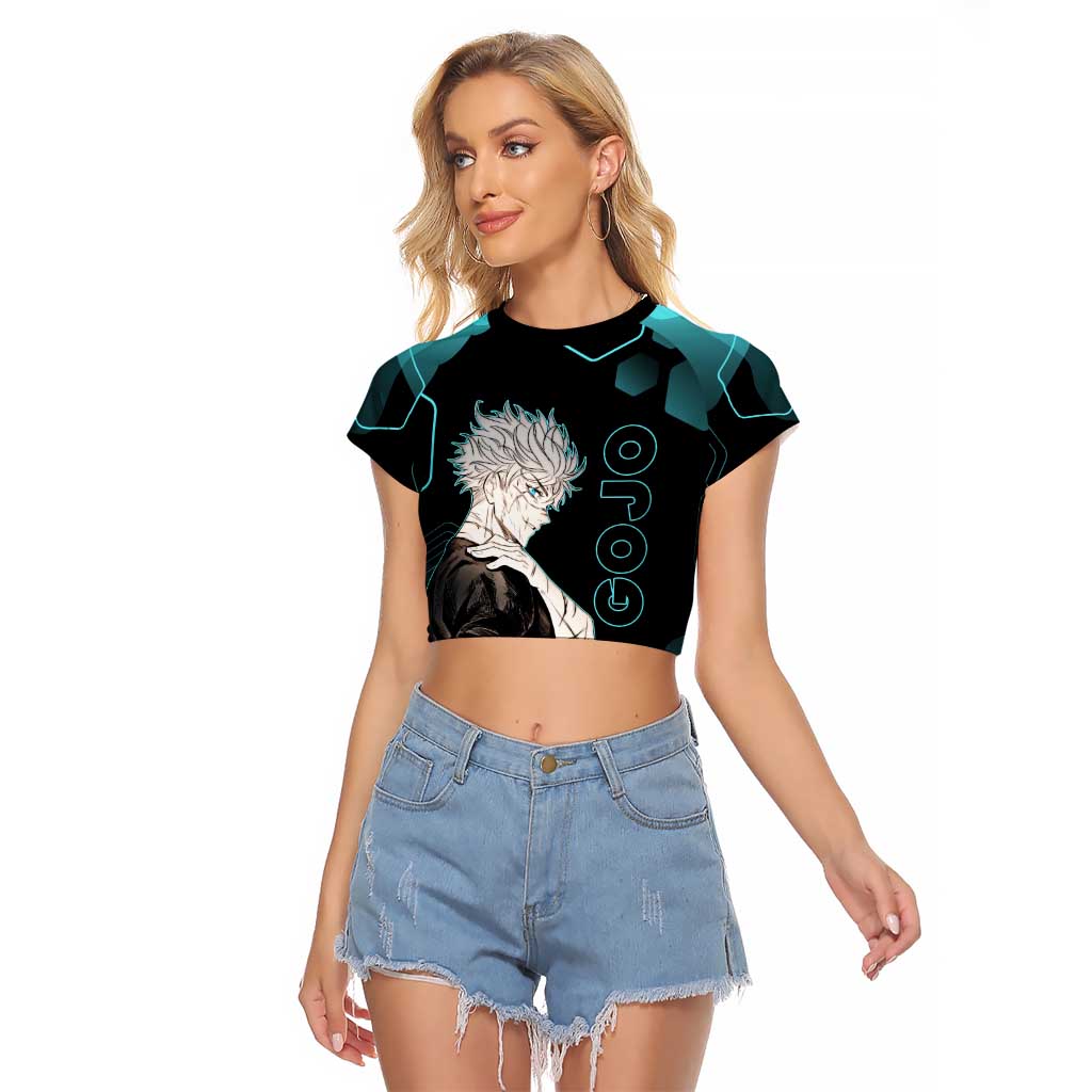 Gojo Satoru Jujutsu Kaisen Blue Hexagon Pattern Raglan Cropped T Shirt with Intense Expressions and Modern Anime Art - The Mazicc