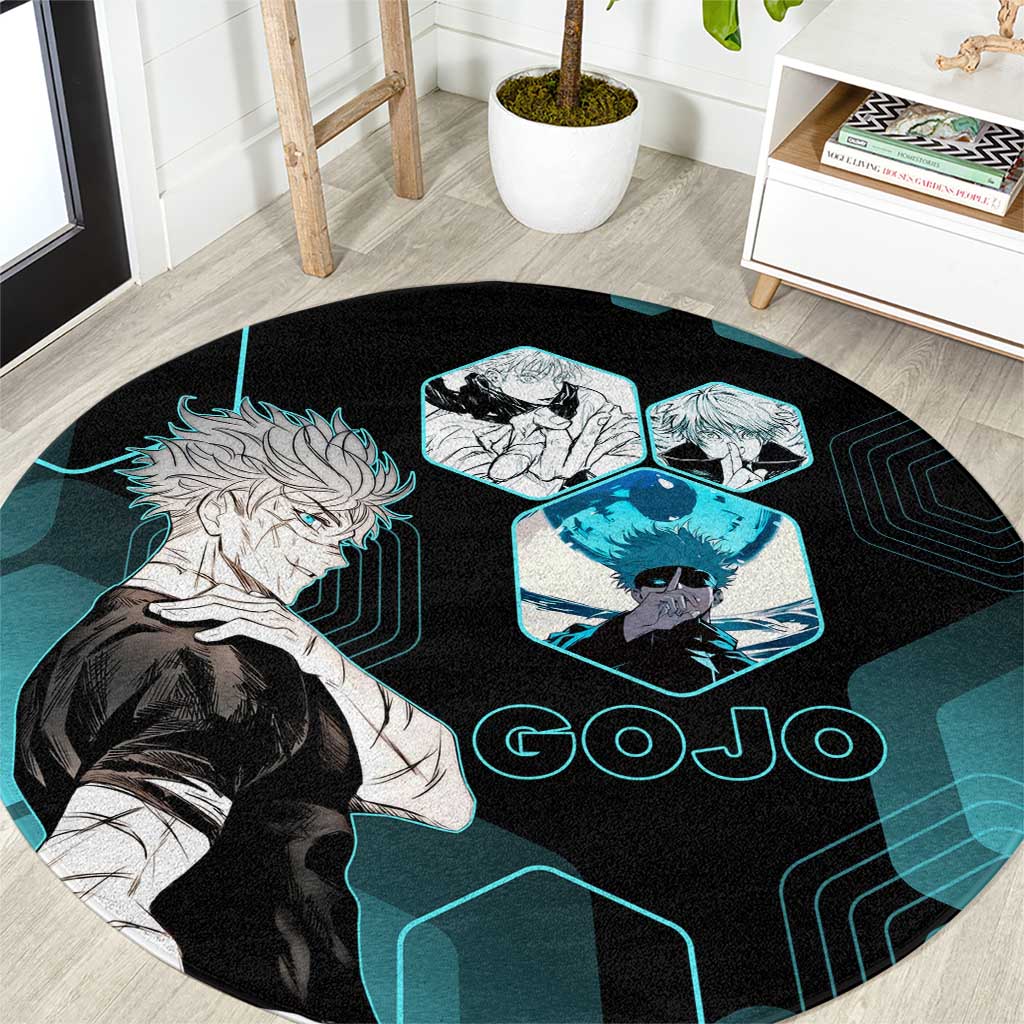 Gojo Satoru Jujutsu Kaisen Blue Hexagon Pattern Round Carpet with Intense Expressions and Modern Anime Art - The Mazicc