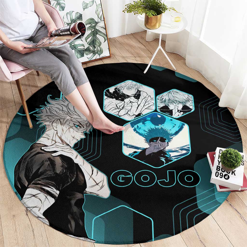 Gojo Satoru Jujutsu Kaisen Blue Hexagon Pattern Round Carpet with Intense Expressions and Modern Anime Art - The Mazicc