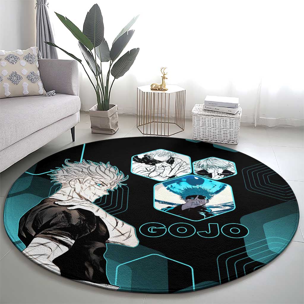 Gojo Satoru Jujutsu Kaisen Blue Hexagon Pattern Round Carpet with Intense Expressions and Modern Anime Art - The Mazicc