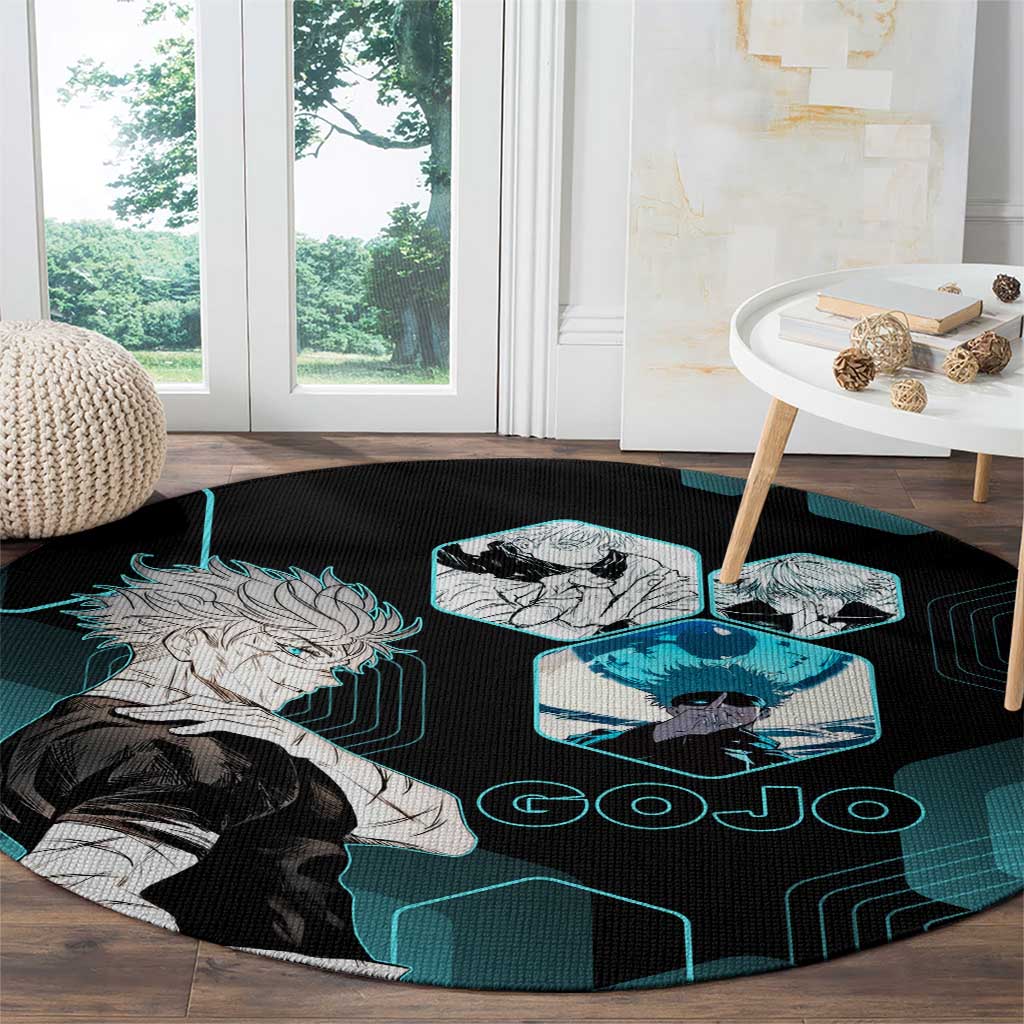 Gojo Satoru Jujutsu Kaisen Blue Hexagon Pattern Round Carpet with Intense Expressions and Modern Anime Art - The Mazicc