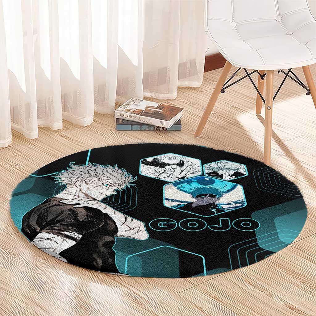 Gojo Satoru Jujutsu Kaisen Blue Hexagon Pattern Round Carpet with Intense Expressions and Modern Anime Art - The Mazicc