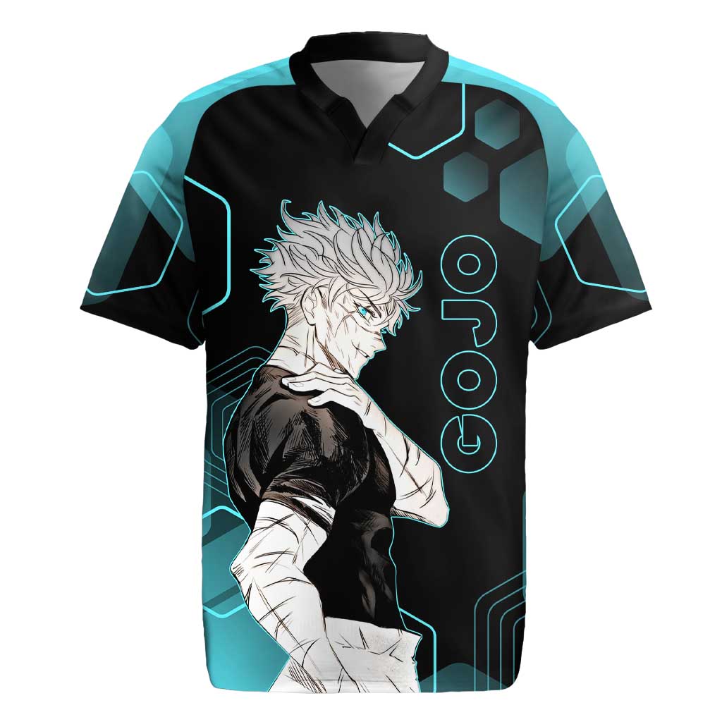 Gojo Satoru Jujutsu Kaisen Blue Hexagon Pattern Rugby Jersey with Intense Expressions and Modern Anime Art - The Mazicc