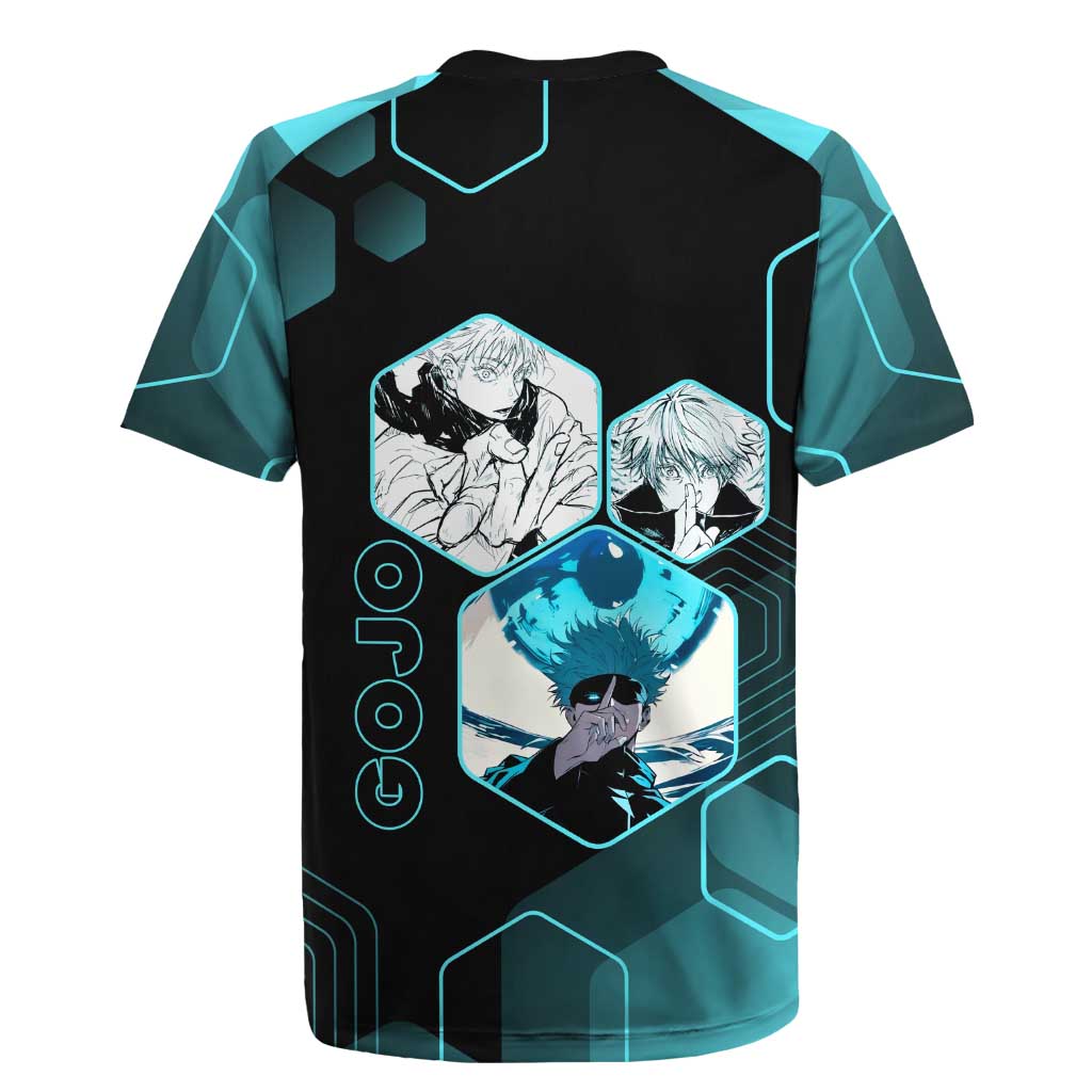 Gojo Satoru Jujutsu Kaisen Blue Hexagon Pattern Rugby Jersey with Intense Expressions and Modern Anime Art - The Mazicc