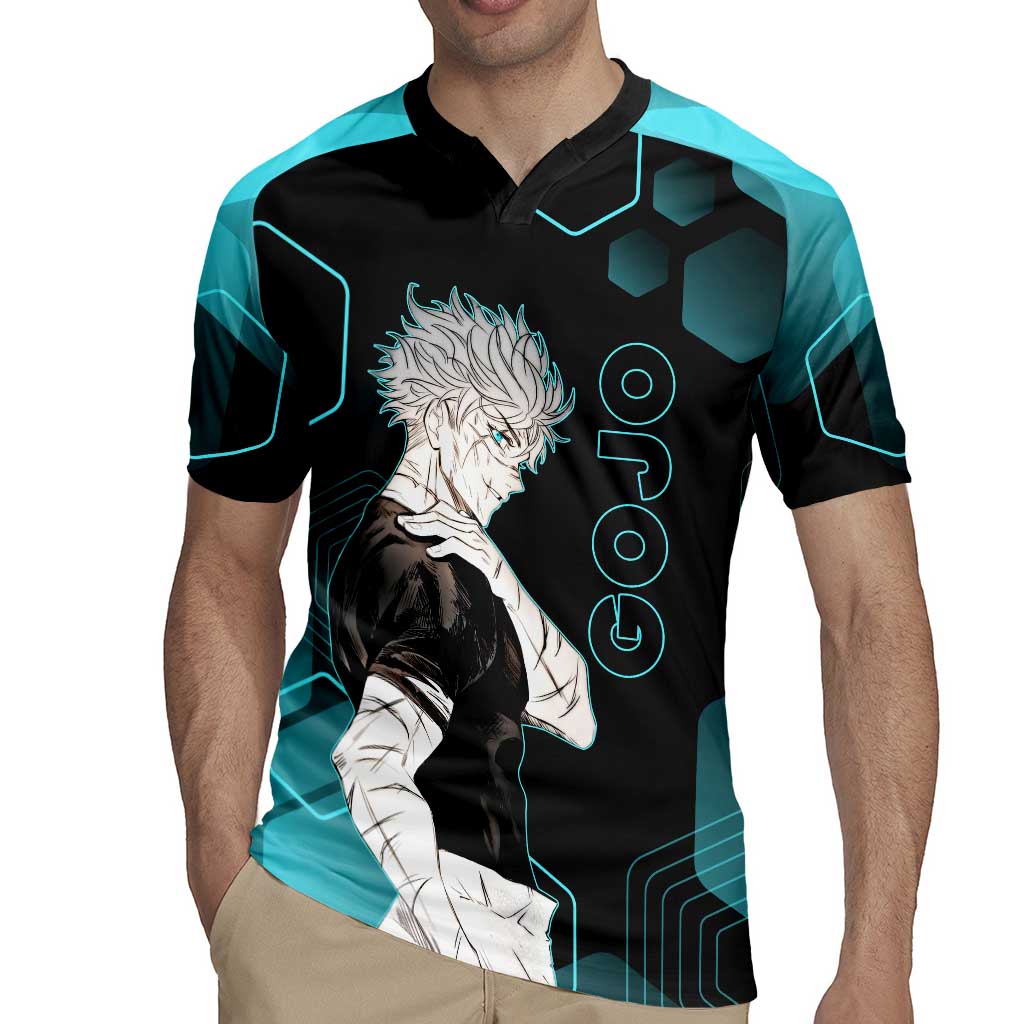 Gojo Satoru Jujutsu Kaisen Blue Hexagon Pattern Rugby Jersey with Intense Expressions and Modern Anime Art - The Mazicc