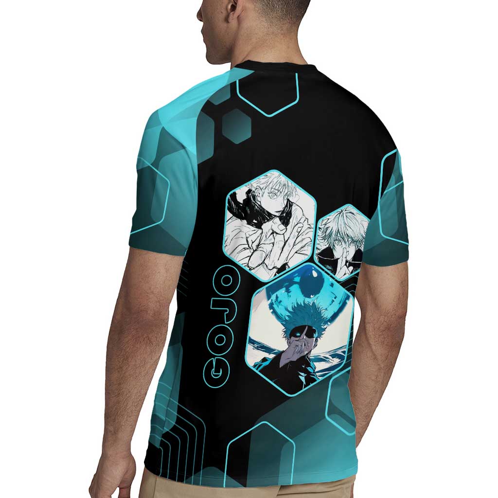 Gojo Satoru Jujutsu Kaisen Blue Hexagon Pattern Rugby Jersey with Intense Expressions and Modern Anime Art - The Mazicc