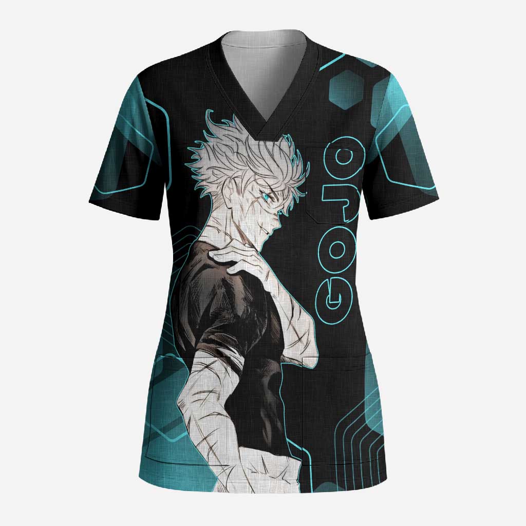 Gojo Satoru Jujutsu Kaisen Blue Hexagon Pattern Scrub Top with Intense Expressions and Modern Anime Art - The Mazicc