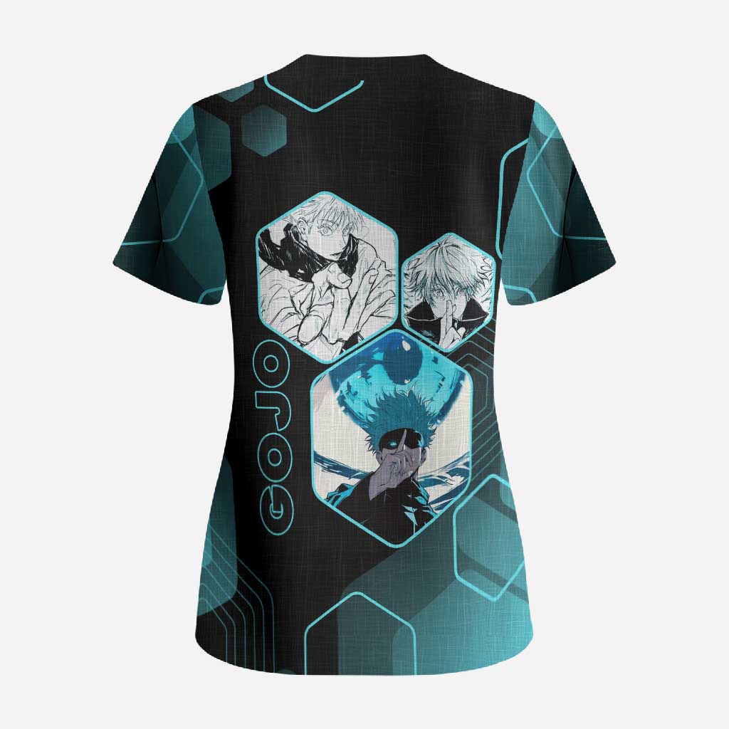 Gojo Satoru Jujutsu Kaisen Blue Hexagon Pattern Scrub Top with Intense Expressions and Modern Anime Art - The Mazicc