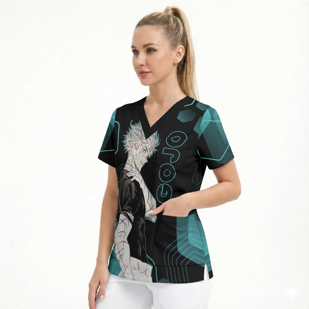 Gojo Satoru Jujutsu Kaisen Blue Hexagon Pattern Scrub Top with Intense Expressions and Modern Anime Art - The Mazicc