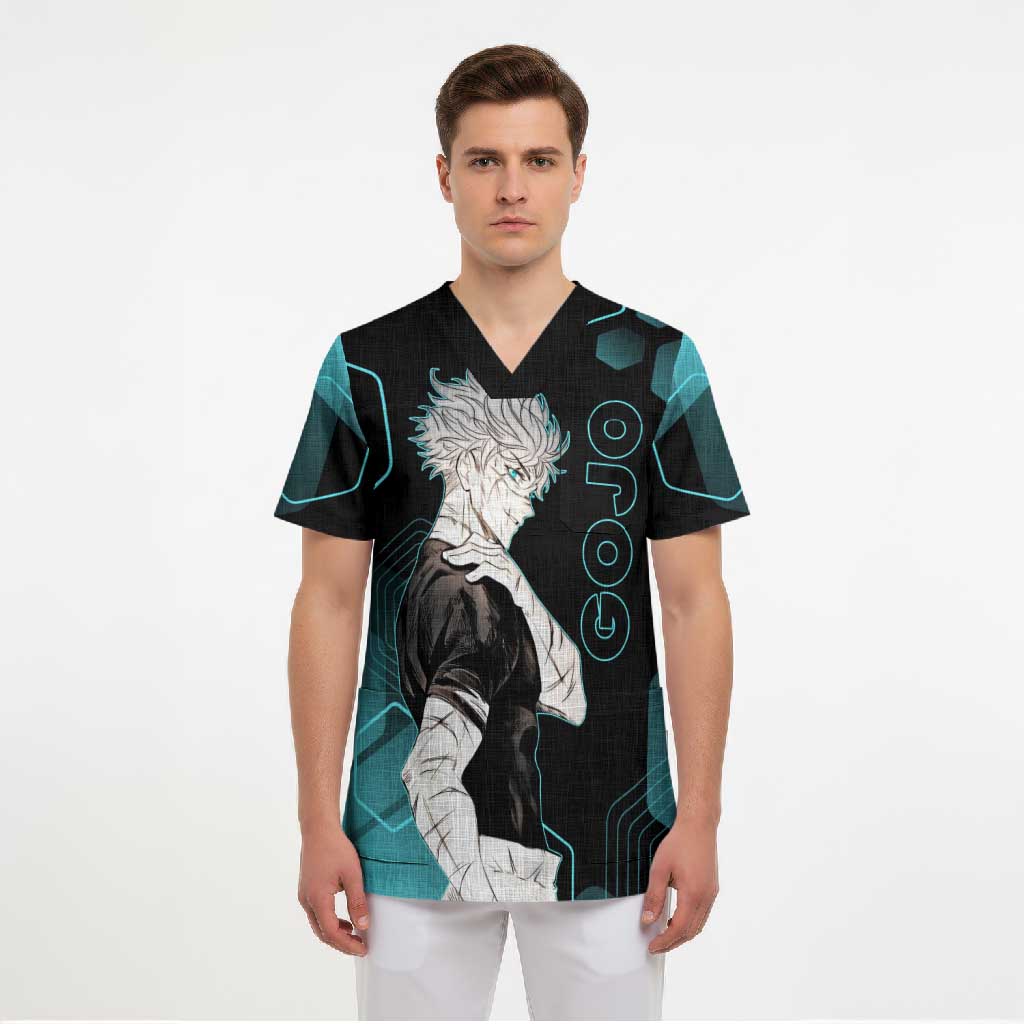Gojo Satoru Jujutsu Kaisen Blue Hexagon Pattern Scrub Top with Intense Expressions and Modern Anime Art - The Mazicc
