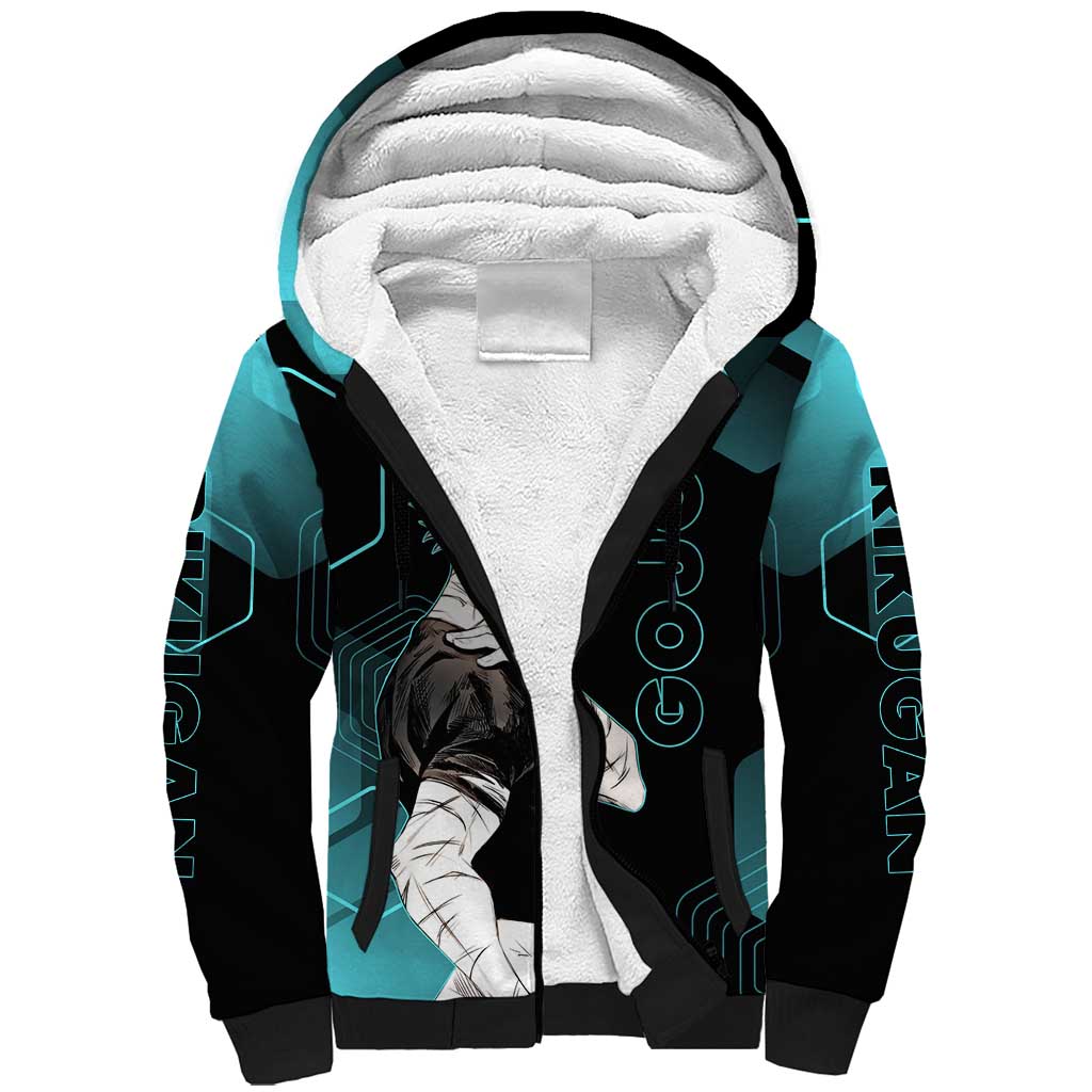 Gojo Satoru Jujutsu Kaisen Blue Hexagon Pattern Sherpa Hoodie with Intense Expressions and Modern Anime Art - The Mazicc