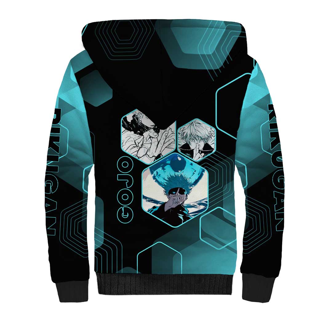 Gojo Satoru Jujutsu Kaisen Blue Hexagon Pattern Sherpa Hoodie with Intense Expressions and Modern Anime Art - The Mazicc