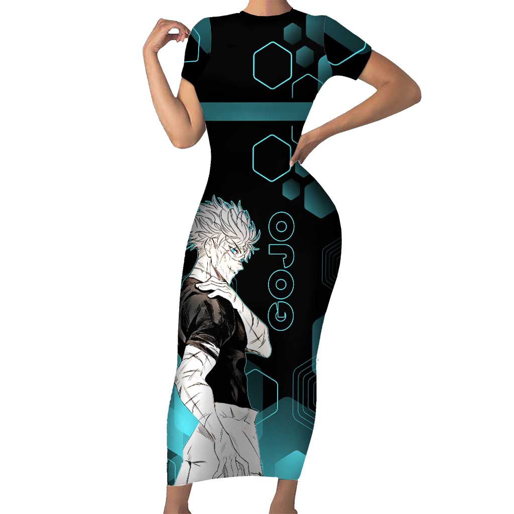 Gojo Satoru Jujutsu Kaisen Blue Hexagon Pattern Short Sleeve Bodycon Dress with Intense Expressions and Modern Anime Art - The Mazicc