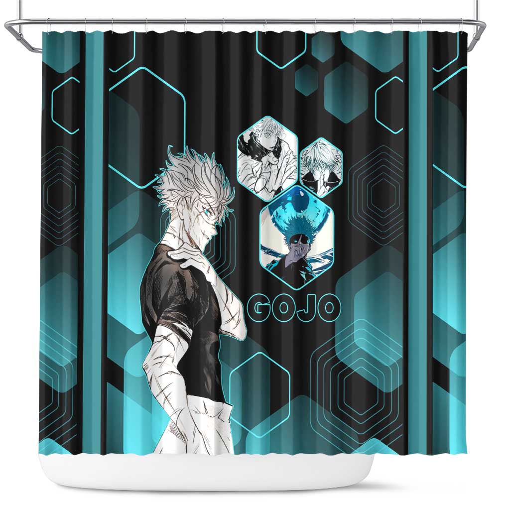 Gojo Satoru Jujutsu Kaisen Blue Hexagon Pattern Shower Curtain with Intense Expressions and Modern Anime Art - The Mazicc