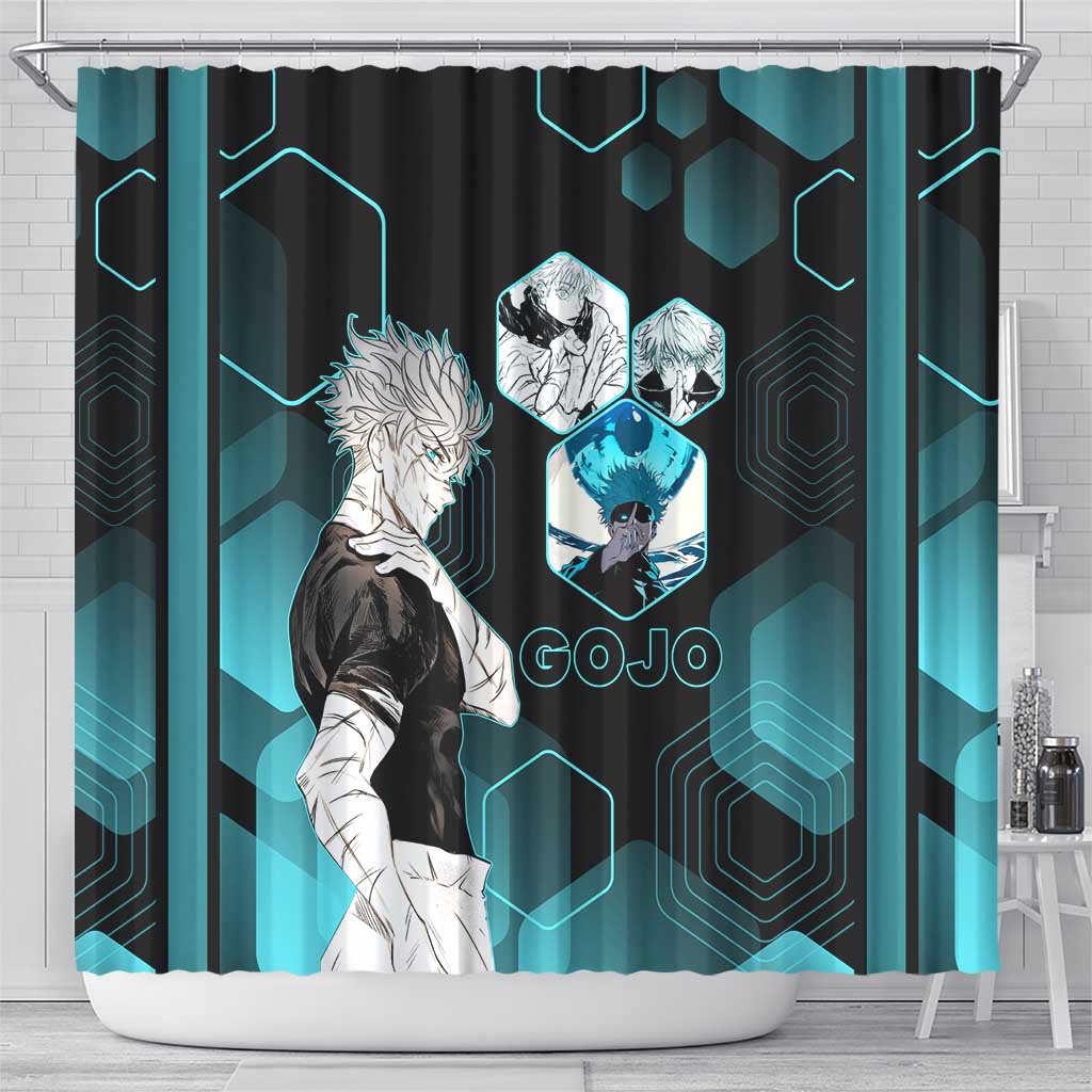 Gojo Satoru Jujutsu Kaisen Blue Hexagon Pattern Shower Curtain with Intense Expressions and Modern Anime Art - The Mazicc