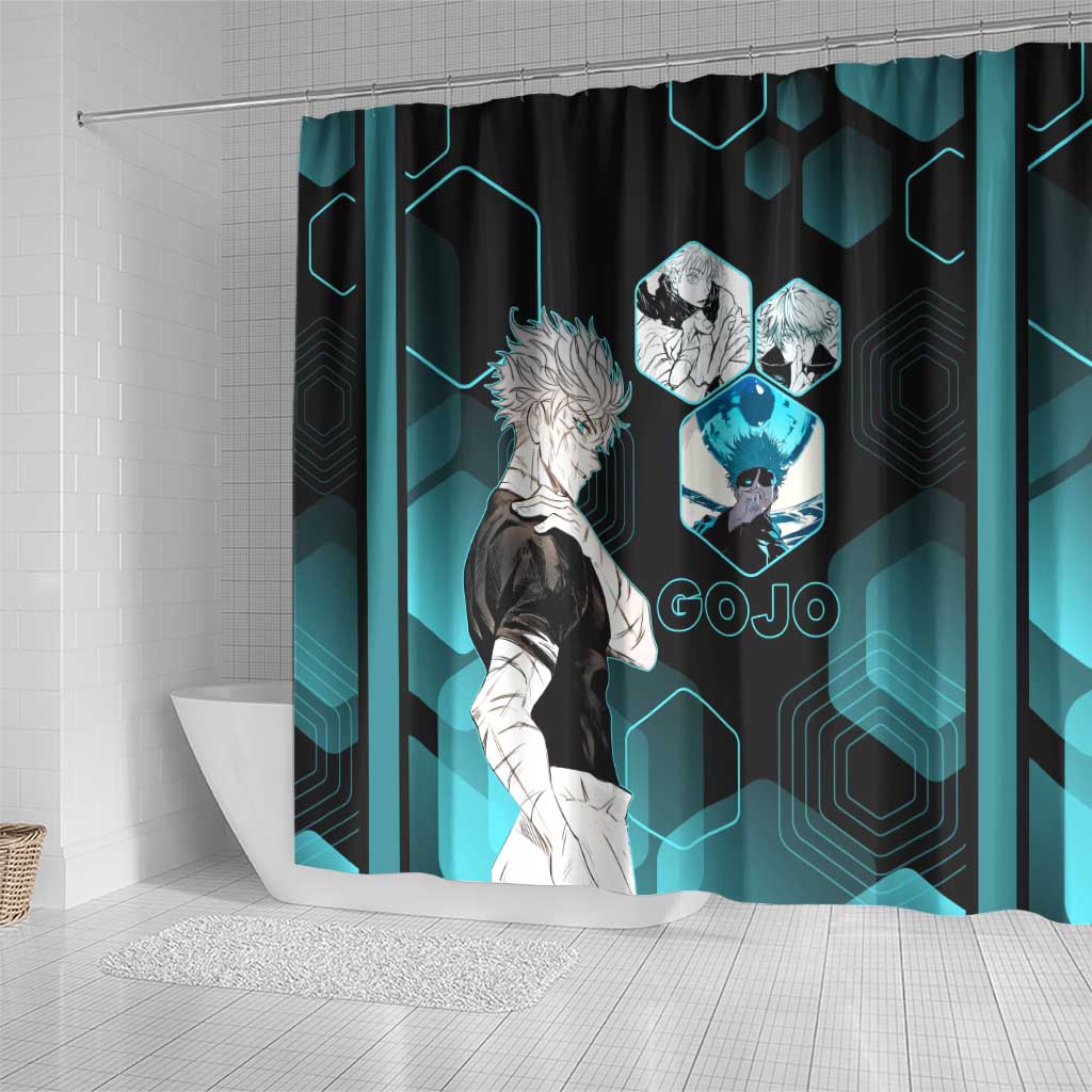 Gojo Satoru Jujutsu Kaisen Blue Hexagon Pattern Shower Curtain with Intense Expressions and Modern Anime Art - The Mazicc
