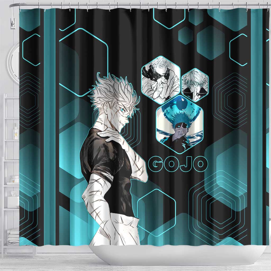 Gojo Satoru Jujutsu Kaisen Blue Hexagon Pattern Shower Curtain with Intense Expressions and Modern Anime Art - The Mazicc