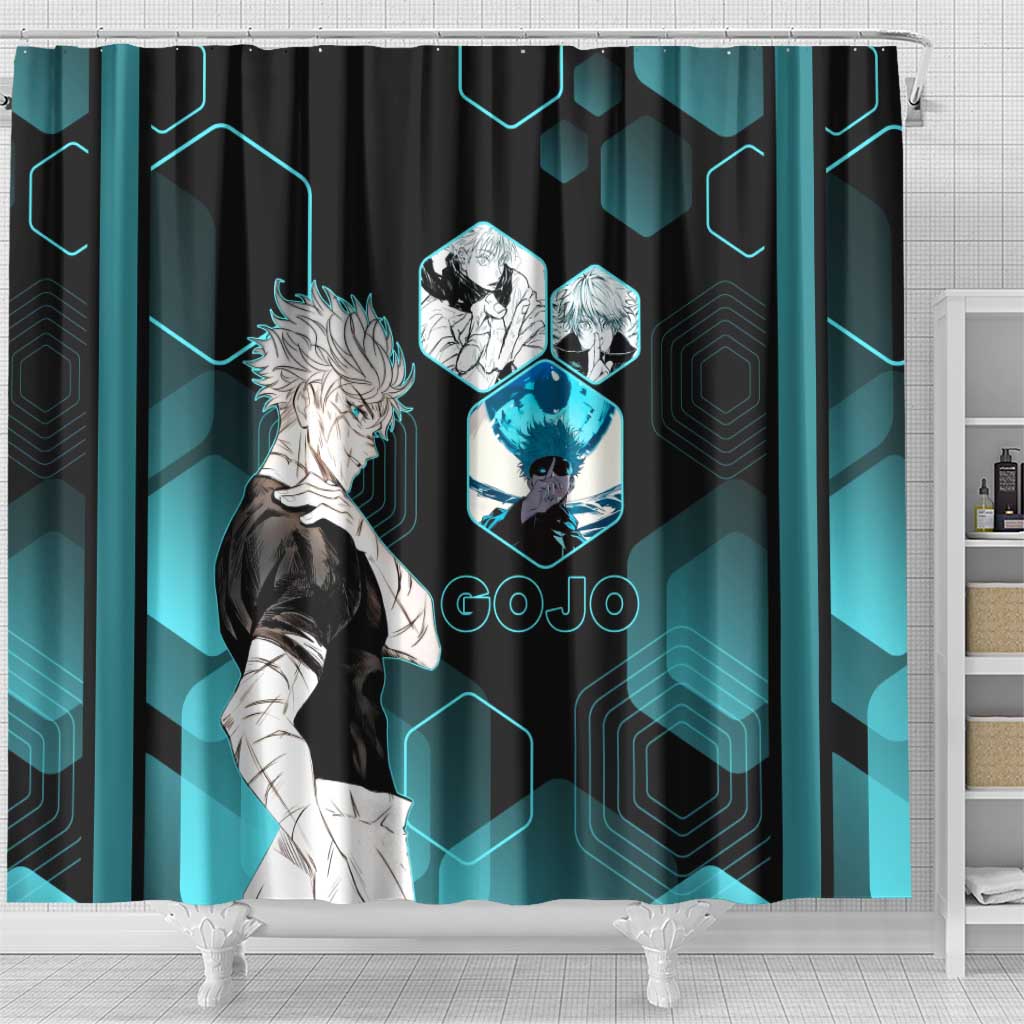 Gojo Satoru Jujutsu Kaisen Blue Hexagon Pattern Shower Curtain with Intense Expressions and Modern Anime Art - The Mazicc