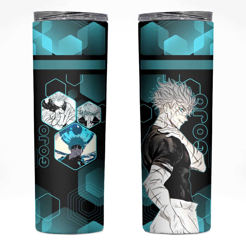 Gojo Satoru Jujutsu Kaisen Blue Hexagon Pattern Skinny Tumbler with Intense Expressions and Modern Anime Art - The Mazicc