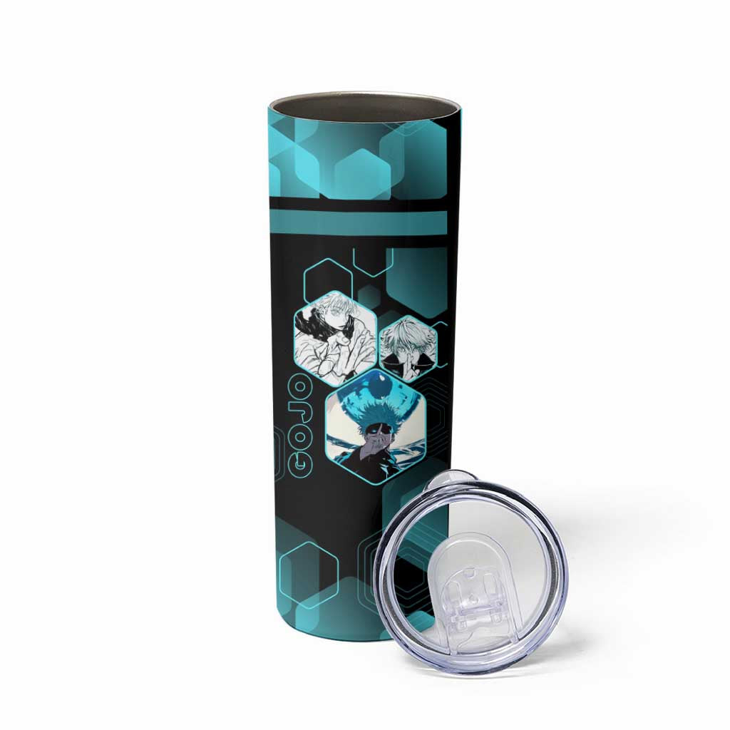 Gojo Satoru Jujutsu Kaisen Blue Hexagon Pattern Skinny Tumbler with Intense Expressions and Modern Anime Art - The Mazicc