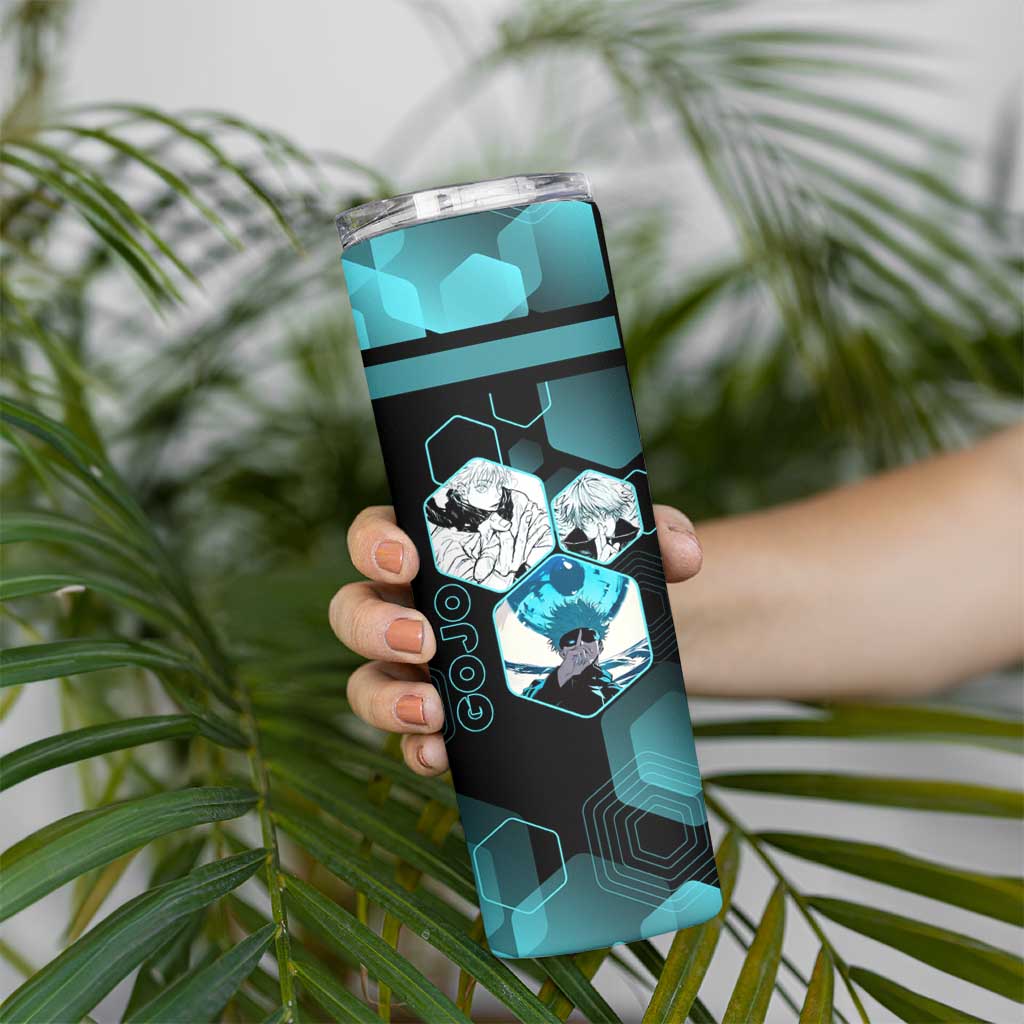 Gojo Satoru Jujutsu Kaisen Blue Hexagon Pattern Skinny Tumbler with Intense Expressions and Modern Anime Art - The Mazicc