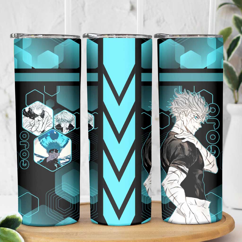 Gojo Satoru Jujutsu Kaisen Blue Hexagon Pattern Skinny Tumbler with Intense Expressions and Modern Anime Art - The Mazicc