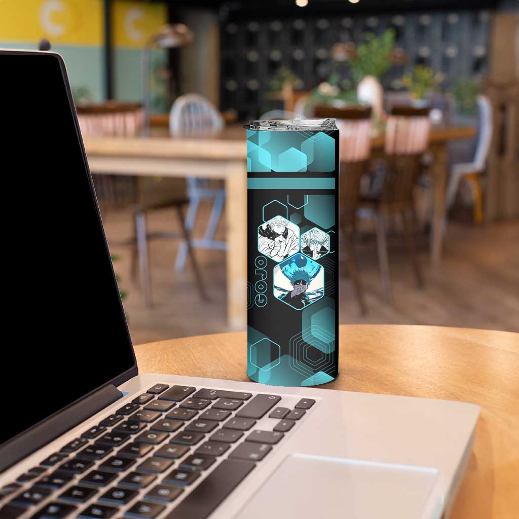 Gojo Satoru Jujutsu Kaisen Blue Hexagon Pattern Skinny Tumbler with Intense Expressions and Modern Anime Art - The Mazicc