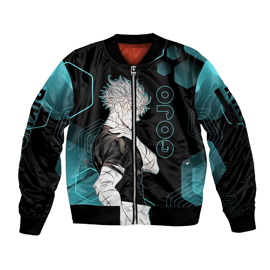 Gojo Satoru Jujutsu Kaisen Blue Hexagon Pattern Sleeve Zip Bomber Jacket with Intense Expressions and Modern Anime Art - The Mazicc