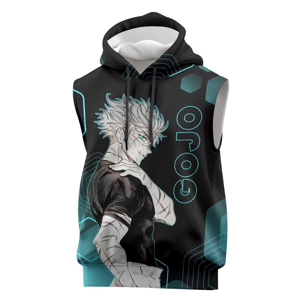 Gojo Satoru Jujutsu Kaisen Blue Hexagon Pattern Sleeveless Hoodie with Intense Expressions and Modern Anime Art - The Mazicc