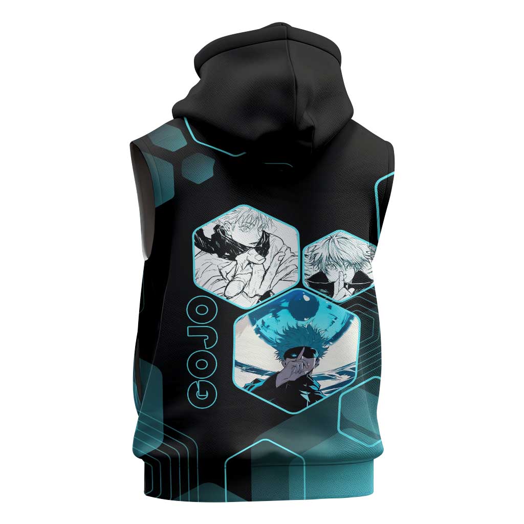 Gojo Satoru Jujutsu Kaisen Blue Hexagon Pattern Sleeveless Hoodie with Intense Expressions and Modern Anime Art - The Mazicc