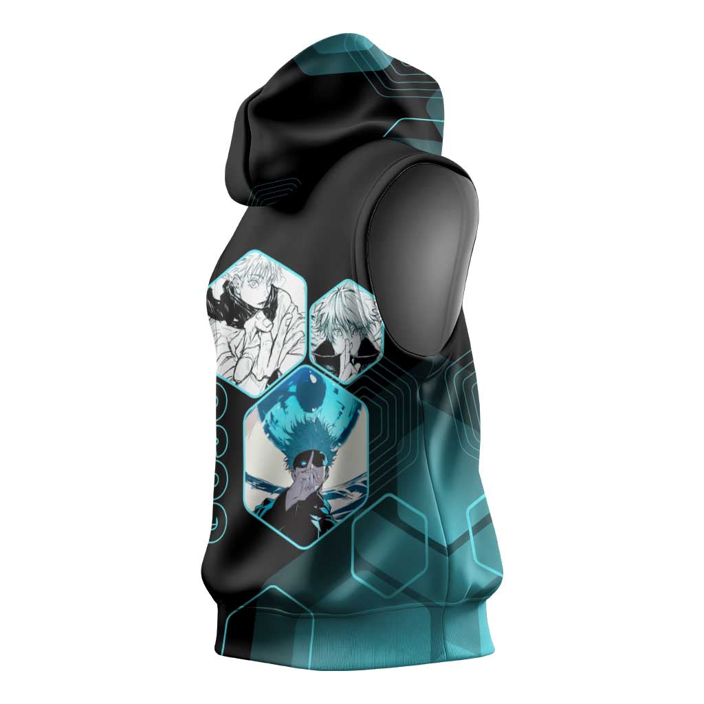 Gojo Satoru Jujutsu Kaisen Blue Hexagon Pattern Sleeveless Hoodie with Intense Expressions and Modern Anime Art - The Mazicc