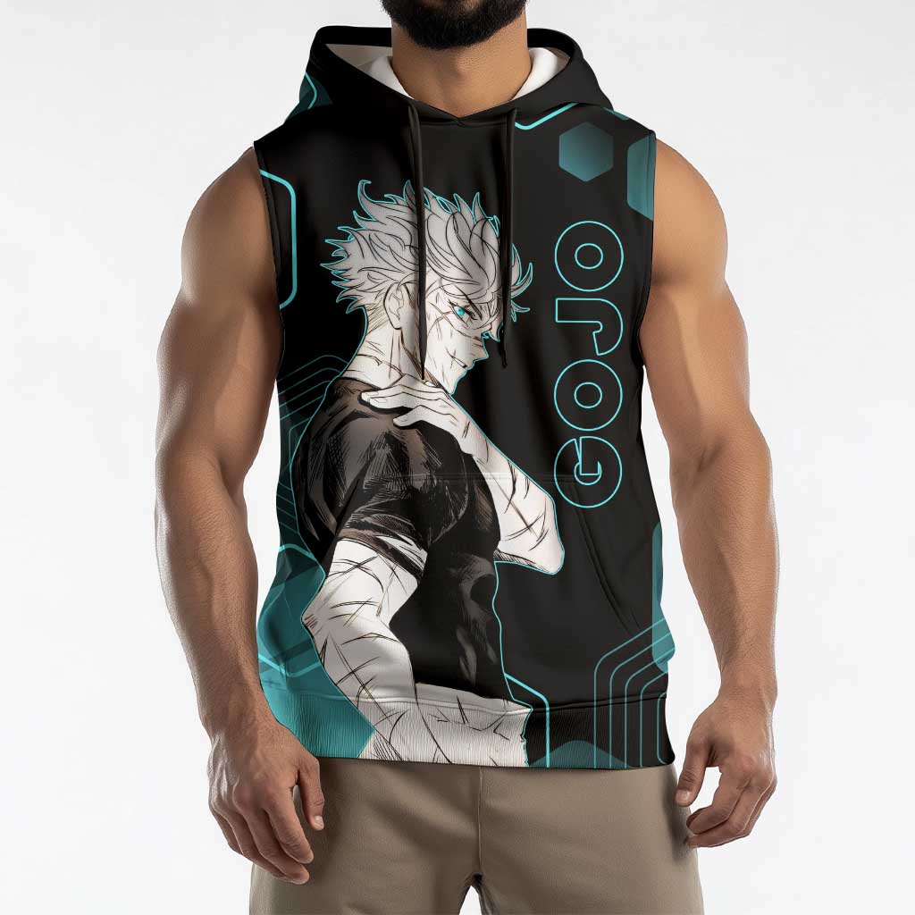 Gojo Satoru Jujutsu Kaisen Blue Hexagon Pattern Sleeveless Hoodie with Intense Expressions and Modern Anime Art - The Mazicc