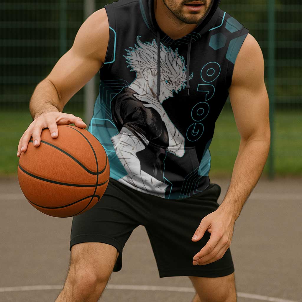 Gojo Satoru Jujutsu Kaisen Blue Hexagon Pattern Sleeveless Hoodie with Intense Expressions and Modern Anime Art - The Mazicc